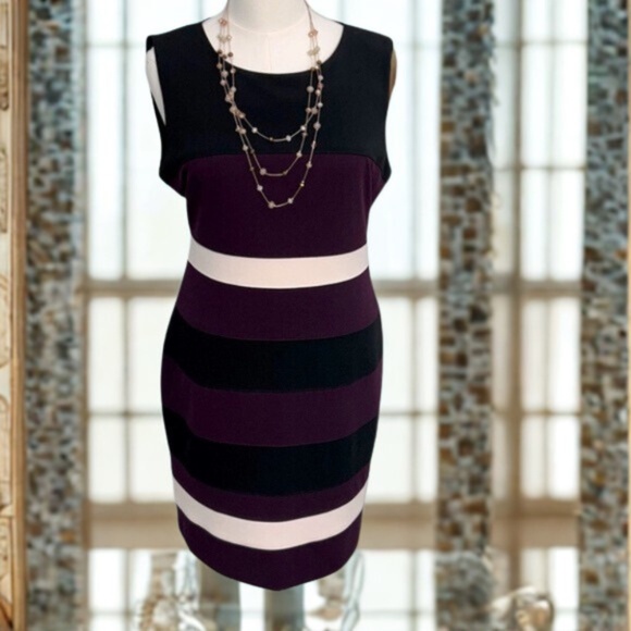 Tommy Hilfiger Elegant Black, Ivory and Deep Purple Striped Dress - Picture 1 of 11